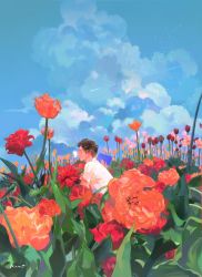 Rule 34 | 1boy, blue sky, bug, butterfly, cloud, cloudy sky, day, field, flower, flower field, bug, insect on nose, kuribulb, leaf, male focus, orange flower, original, outdoors, pink flower, plant, red flower, shirt, short sleeves, signature, sky, solo, white shirt, wide shot