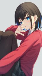 Rule 34 | 1girl, :p, black hair, black pantyhose, black skirt, blue eyes, blue hair, bob cut, claw pose, collared shirt, colored inner hair, commentary, highres, hood, hoodie, hugging own legs, knees up, looking at viewer, medium hair, miniskirt, multicolored hair, nishino eri, open mouth, original, pantyhose, parted lips, pleated skirt, red hoodie, shirt, skirt, solo, symbol-only commentary, tongue, tongue out, white shirt