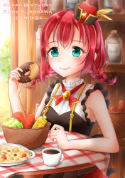 Rule 34 | 1girl, absurdres, aqua eyes, artist name, artist request, bare shoulders, black shirt, blush, collared shirt, cup, doughnut, female focus, food, hair vines, hat, highres, holding, holding food, kurosawa ruby, looking at viewer, love live!, love live! school idol festival, love live! sunshine!!, mini hat, necktie, parted lips, red hair, red necktie, rinrin5325, shirt, short hair, solo, table, twintails, vegetable