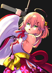 Rule 34 | 1girl, ahoge, bare shoulders, bell, black background, cherry blossom print, chestnut mouth, detached sleeves, floral print, green eyes, hair bell, hair between eyes, hair ornament, hairclip, highres, hololive, long hair, looking at viewer, one side up, open mouth, paw print, paw print pattern, pink hair, sabaku, sakura miko, sakura miko (1st costume), solo, triangle mouth, upper body, virtual youtuber, wide sleeves