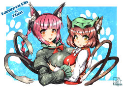 Rule 34 | 2girls, animal ear fluff, animal ears, asymmetrical docking, black dress, bow, braid, grabbing another&#039;s breast, breast press, breasts, brown hair, cat ears, cat tail, character name, chen, dress, ear piercing, earrings, floral print, grabbing, hair bow, hat, hug, jewelry, juliet sleeves, kaenbyou rin, large breasts, long sleeves, looking at viewer, mob cap, multiple girls, multiple tails, nekomata, piercing, puffy sleeves, red dress, red eyes, red hair, smile, tail, tongue, tongue out, touhou, twin braids, umigarasu (kitsune1963), upper body, yellow eyes, yuri
