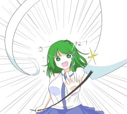 Rule 34 | 1girl, :d, collared shirt, commentary, emphasis lines, frog hair ornament, gohei, green eyes, green hair, hair ornament, highres, kochiya sanae, long hair, looking at viewer, open mouth, shirt, sifserf, simple background, sleeveless, sleeveless shirt, smile, snake hair ornament, solo, sparkle, star-shaped pupils, star (symbol), symbol-shaped pupils, touhou, upper body, white background