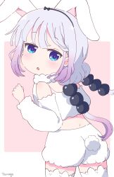 Rule 34 | 1girl, :o, absurdres, animal costume, beads, bloomers, blue eyes, eyes visible through hair, gradient hair, hair beads, hair ornament, hairband, highres, kanna kamui, kobayashi-san chi no maidragon, looking at viewer, looking to the side, low twintails, multicolored hair, open mouth, pink background, rabbit costume, rabbit ears, rabbit tail, standing, streaked hair, tamago (pixiv22596587), thighhighs, twintails, two-tone background, underwear, white bloomers, white thighhighs