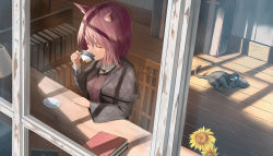 Rule 34 | 1girl, absurdres, alternate costume, alternate hair length, alternate hairstyle, animal ears, arknights, black cat, book, cat, cat ears, chair, closed eyes, commentary request, cup, flower, grey jacket, hand up, highres, holding, holding cup, indoors, jacket, long sleeves, melantha (arknights), melantha (letters from wessex) (arknights), official alternate costume, purple hair, shadow, short hair, sunflower, teacup, upper body, uzurako