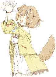 Rule 34 | 1girl, :3, abara heiki, animal ears, arms up, bone hair ornament, breasts, brown hair, commentary, cowboy shot, dog ears, dog girl, dog tail, dress, hair between eyes, hair ornament, highres, hololive, inugami korone, inugami korone (1st costume), jacket, looking at viewer, medium breasts, medium hair, open mouth, own hands together, red eyes, short dress, simple background, smile, solo, tail, traditional media, virtual youtuber, white background, white dress, wristband, yellow jacket