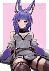Rule 34 | 1girl, :t, animal ears, antenna hair, arm support, arms behind back, artist name, black neckwear, black thighhighs, blush, breasts, cowboy shot, dated, dress, granblue fantasy, highres, looking at viewer, medium breasts, medium hair, off shoulder, punished pigeon, purple hair, rabbit ears, sitting, solo, thigh strap, thighhighs, thighs, tikoh, white dress, yellow eyes