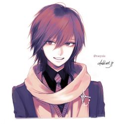 Rule 34 | 1boy, artist name, bad id, bad instagram id, black jacket, black shirt, brown eyes, brown hair, collared shirt, commentary request, commission, grin, hair between eyes, jacket, long bangs, looking to the side, male focus, necktie, original, parted lips, scarf, shirt, shirt under jacket, short hair, simple background, smile, solo, striped necktie, striped neckwear, suit jacket, takenaka, watermark, web address, white background