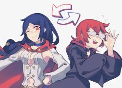 Rule 34 | 2girls, adjusting eyewear, arrow (projectile), blue hair, blush, breasts, cape, chariot du nord, cleavage, cosplay, costume switch, dress, dual persona, glasses, highres, little witch academia, long hair, multiple girls, red eyes, red hair, shiny chariot, short hair, side ponytail, spoilers, ursula callistis, vento, witch