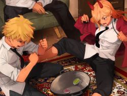 Rule 34 | 1girl, 2boys, absurdres, arena, beyblade, beyblade (object), blonde hair, breasts, carpet, chainsaw man, chair, clenched hand, demon girl, demon horns, denji (chainsaw man), friends, frying pan, grey legwear, hayakawa aki, highres, horns, jacket, khyle., kneeling, multiple boys, no shoes, pants, pants rolled up, pink hair, power (chainsaw man), red horns, red jacket, shirt, sitting, sleeves rolled up, socks, white shirt, wooden floor
