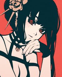 Rule 34 | 1girl, arm up, bare shoulders, black dress, black gloves, black hair, breasts, cleavage, closed mouth, collarbone, dress, earrings, fingerless gloves, flat color, flower, gloves, hair flower, hair ornament, jewelry, long hair, looking at viewer, moshimoshibe, red background, red eyes, sidelocks, simple background, solo, spy x family, upper body, yor briar