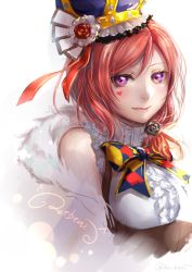Rule 34 | 10s, 1girl, crown, facial tattoo, fur, hat, heart, heart tattoo, lips, lma, looking at viewer, love live!, love live! school idol festival, love live! school idol project, nishikino maki, purple eyes, red hair, signature, simple background, smile, solo, tattoo, twitter username, upper body, white background