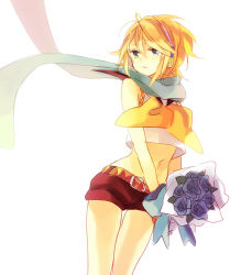 Rule 34 | 1girl, akiyoshi (tama-pete), bare arms, bare shoulders, belt, blonde hair, blue flower, blue neckwear, blue ribbon, blue rose, bouquet, clothes lift, cosplay, cowboy shot, dutch angle, expressionless, eyelashes, flower, green eyes, headset, holding, kagamine rin, kaito (vocaloid), kaito (cosplay), looking away, lowres, navel, ribbon, rose, scarf, shirt, short hair, shorts, sleeveless, sleeveless shirt, solo, thighs, upper body, vocaloid, white shirt, wind, wind lift, yellow ribbon