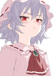 Rule 34 | 1girl, ascot, blue hair, blush, brooch, chinese commentary, collarbone, commentary request, dress, fang, fang out, fkey, frilled shirt collar, frills, hair between eyes, hat, highres, jewelry, looking at viewer, mob cap, pink dress, pink hat, red ascot, red eyes, remilia scarlet, short hair, simple background, solo, touhou, upper body, white background