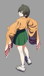 Rule 34 | 10s, 1girl, ;), bad id, bad twitter id, brown eyes, brown hair, from above, full body, green skirt, grey background, grin, highres, hiryuu (kancolle), japanese clothes, kantai collection, kinosuke (sositeimanoga), long sleeves, one eye closed, one side up, short hair, simple background, skirt, smile, socks, solo, standing, tabi, wide sleeves
