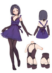Rule 34 | 1girl, ass, bad id, bad pixiv id, black gloves, black hair, black ribbon, black thighhighs, breasts, butt crack, closed mouth, concept art, corset, dress, elbow gloves, from behind, full body, garter straps, gloves, hairband, half-closed eyes, head tilt, kinta (distortion), knees together feet apart, light smile, looking at viewer, lowleg, lowleg panties, multiple views, neck ribbon, original, panties, purple dress, purple eyes, ribbon, short hair, simple background, sketch, small breasts, standing, thighhighs, thong, underwear, white background, white panties