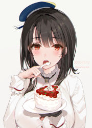 Rule 34 | 1girl, beret, black gloves, black hair, blue hat, blush, breasts, buttons, cake, dated, eating, food, fruit, gloves, grey background, hat, hayakawa akari, highres, holding, holding plate, kantai collection, large breasts, long sleeves, looking at viewer, open mouth, plate, red eyes, shirt, short hair, simple background, single glove, solo, strawberry, takao (kancolle), twitter username, white shirt