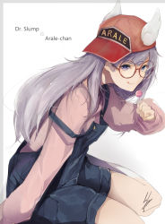 Rule 34 | 1girl, arm support, blue eyes, candy, character name, dr. slump, food, glasses, hat, highres, licking lips, light purple hair, lollipop, long hair, marumoru, norimaki arale, overalls, simple background, sitting, solo, tongue, tongue out, wings
