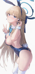 Rule 34 | 1girl, absurdres, animal ears, ass, backless leotard, bingwei huang, blonde hair, blue archive, blue bow, blue eyes, blue hairband, blue leotard, bow, bowtie, braid, breasts, closed mouth, commentary, detached collar, earpiece, fake animal ears, fake tail, french braid, from side, hairband, halo, hands up, highres, leotard, long hair, medium breasts, microphone, official alternate costume, official alternate hairstyle, playboy bunny, rabbit ears, rabbit tail, revision, simple background, tail, thighhighs, thighs, toki (blue archive), toki (bunny) (blue archive), v, very long hair, white background, white thighhighs, wrist cuffs