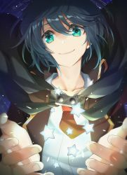 Rule 34 | 1boy, blue hair, character request, closed mouth, collarbone, copyright request, green eyes, highres, holding, looking at viewer, makinan, male focus, necktie, orange necktie, outstretched arms, short hair, sky, smile, solo, star (sky), star (symbol), star print, star trail, starry sky, upper body