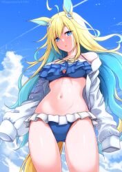 Rule 34 | 1girl, animal ears, bikini, blonde hair, blue eyes, blush, breasts, cleavage, cloud, commentary request, commission, frilled bikini, frills, g (genesis1556), hair between eyes, hair ornament, highres, horse ears, horse girl, jacket, looking at viewer, medium breasts, multicolored hair, navel, neo universe (umamusume), open mouth, pixiv commission, sky, solo, swimsuit, two-tone hair, umamusume