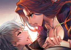 Rule 34 | 1boy, 1girl, bleach, blood, breasts, cleavage, crying, dying, hand on hand, ichimaru gin, japanese clothes, jewelry, kawacy, long hair, matsumoto rangiku, necklace, open mouth, orange hair, spoilers, tears, white hair
