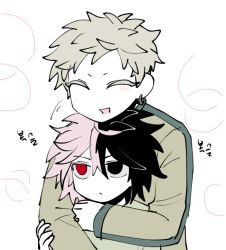 Rule 34 | 2boys, black eyes, black hair, blonde hair, closed mouth, colored eyelashes, commentary request, earclip, closed eyes, hair between eyes, haruno shion, heterochromia, holding another&#039;s arm, hug, korean commentary, korean text, long sleeves, male focus, multicolored hair, multiple boys, nanami izu, nu (qjqmfqjqmf02), open mouth, pink hair, red eyes, saibou shinkyoku, short hair, simple background, smile, split-color hair, translation request, two-tone hair