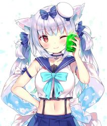 Rule 34 | 1girl, ;), anchor, anchor choker, animal ears, azur lane, blue bow, blue choker, blue sailor collar, blue skirt, blush, bow, breasts, cat ears, cherry, choker, closed mouth, collarbone, commentary request, crop top, cup, drinking glass, food, fruit, hair between eyes, hair bow, hand on own hip, hand up, hat, head tilt, holding, holding cup, holding drinking glass, kibii mocha, long hair, medium breasts, midriff, mini hat, navel, one eye closed, pleated skirt, red eyes, sailor collar, sailor hat, school uniform, serafuku, shirt, silver hair, skirt, sleeveless, sleeveless shirt, smile, solo, twintails, very long hair, white background, white hat, white shirt, yukikaze (azur lane)
