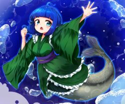 Rule 34 | 1girl, blue eyes, blunt bangs, bubble, commentary, drill hair, drill sidelocks, fins, frilled kimono, frills, full body, green kimono, hashtag-only commentary, head fins, japanese clothes, kimono, long sleeves, looking at viewer, mermaid, monster girl, open mouth, sash, sayoshima, sidelocks, solo, touhou, triangle mouth, wakasagihime, wide sleeves