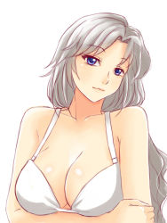 Rule 34 | 1girl, bad id, bad pixiv id, blue eyes, bra, breast hold, breasts, cleavage, close-up, collarbone, crossed arms, highres, holding own arm, large breasts, long hair, silver hair, simple background, smile, solo, touhou, underwear, upper body, white background, white bra, x&amp;x&amp;x, yagokoro eirin
