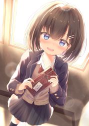 Rule 34 | 1girl, black hair, black legwear, black skirt, blazer, blue eyes, blue jacket, blush, bow, bowtie, brown sweater, collared shirt, commentary request, day, gift, highres, holding, holding gift, indoors, jacket, liuliu, looking at viewer, open clothes, open jacket, original, pleated skirt, red bow, red bowtie, school uniform, shirt, short hair, skirt, smile, solo, sweater, teeth, upper teeth only, valentine, white shirt, window