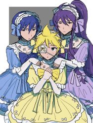 Rule 34 | 3boys, blonde hair, blue bow, blue dress, blue eyes, blue hair, blue ribbon, bow, commentary, crossdressing, dress, dress bow, expressionless, eyepatch, frilled dress, frilled headwear, frilled sleeves, frills, fuyuno (ramentaro23), grey background, hair bow, hairband, hand on another&#039;s shoulder, hands on own chest, hands up, headband, high collar, high ponytail, highres, kagamine len, kaito (vocaloid), kamui gakupo, lace-trimmed eyepatch, layered sleeves, lolita fashion, lolita hairband, long hair, male focus, multiple boys, own hands together, parted lips, puffy sleeves, purple dress, purple hair, purple ribbon, ribbon, short hair, sidelocks, simple background, spiked hair, standing, upper body, vocaloid, wavy hair, yellow dress, yellow ribbon