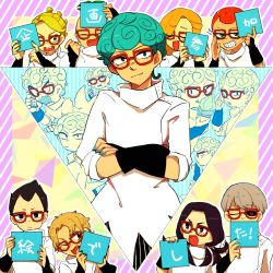 Rule 34 | 6+boys, aqua hair, aqua nails, black hair, black nails, black sclera, blonde hair, cellphone, closed eyes, colored sclera, cosplay, crossed arms, curly hair, fang, formaggio, gelato, ghiaccio, ghiaccio (cosplay), glasses, grey hair, grin, highres, illuso, jojo no kimyou na bouken, melone, multiple boys, nail polish, one eye closed, open mouth, pesci, phone, prosciutto, red eyes, red hair, red nails, risotto nero, ruri (347sankaku), smile, sorbet, sparkle, tongue, tongue out, translation request, vento aureo
