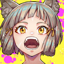 Rule 34 | 1girl, absurdres, animal ear fluff, animal ears, brown hair, brown ribbon, commentary, english commentary, fangs, hair ribbon, highres, looking at viewer, nia (xenoblade), open mouth, orange eyes, paint splatter, ribbon, short hair, solo, xenoblade chronicles (series), xenoblade chronicles 2, yellow background, you nf