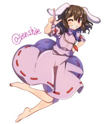 Rule 34 | 1girl, ;d, animal ears, artist name, bare legs, barefoot, blush, breasts, brown hair, carrot necklace, commentary request, dress, floppy ears, frills, full body, grin, hair between eyes, hand on own hip, hand up, highres, inaba tewi, index finger raised, jewelry, knees together feet apart, medium hair, necklace, one-hour drawing challenge, one eye closed, open mouth, petite, pink dress, puffy short sleeves, puffy sleeves, rabbit ears, renshirenji, short sleeves, simple background, small breasts, smile, solo, touhou, white background