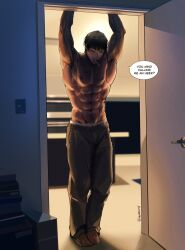 Rule 34 | 1boy, abs, bara, barefoot, black hair, closed eyes, closed mouth, english text, fushiguro touji, grey pants, highres, indoors, jujutsu kaisen, large pectorals, male focus, muscular, muscular male, navel, nipples, open door, pants, pectorals, scar, scar on face, scar on mouth, short hair, solo, topless male, twitter username, yuana
