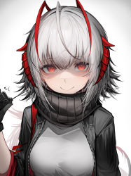 Rule 34 | 1girl, absurdres, ahoge, arknights, black scarf, closed mouth, demon horns, detonator, gradient background, grey background, highres, holding, horns, long hair, looking at viewer, red eyes, red horns, scarf, smile, solo, tab head, upper body, w (arknights), white hair