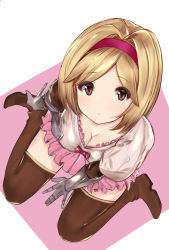 Rule 34 | 10s, 1girl, blonde hair, bow, breasts, brown eyes, brown thighhighs, cleavage, closed mouth, djeeta (granblue fantasy), dress, eyebrows, eyes visible through hair, fighter (granblue fantasy), from above, gauntlets, granblue fantasy, hair intakes, hairband, heart, highres, looking at viewer, looking up, medium breasts, nemun, nemun (tamizzz), pink bow, pink dress, puffy short sleeves, puffy sleeves, short dress, short hair, short sleeves, sitting, solo, thighhighs, wariza, zettai ryouiki