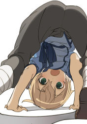 Rule 34 | 1boy, aged down, ass, ass focus, bent over, blonde hair, blue shirt, blush, brown footwear, eugeo, green eyes, grey pants, hair between eyes, highres, looking at viewer, looking back, male focus, open mouth, pants, shirt, short hair, short sleeves, simple background, solo, sword art online, sword art online: alicization, white background