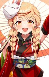 1girl arm_up armpits bell blonde_hair blurry blurry_background blush braid breasts detached_sleeves dot_nose fang fox_mask fujita_kotone gakuen_idolmaster hair_tie hand_up holding holding_umbrella idolmaster japanese_clothes jingle_bell kamurogiku_(idolmaster) kimono long_hair long_sleeves looking_at_viewer mask mask_on_head obi obiage obijime oil-paper_umbrella open_mouth orange_umbrella red_kimono red_sleeves sakura_ran sash simple_background skin_fang sleeveless sleeveless_kimono small_breasts smile solo sparkle twin_braids umbrella white_background wide_sleeves yellow_eyes