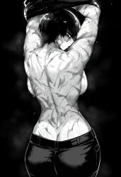 Rule 34 | 1girl, absurdres, back, backboob, black background, breasts, burn scar, butt crack, glasses, greyscale, highres, jujutsu kaisen, large breasts, looking back, masoq, monochrome, muscular, muscular female, pants, round eyewear, scar, scar on arm, scar on back, scar on face, scars all over, simple background, solo, sweat, too many, scars all over, topless, undressing, zen&#039;in maki