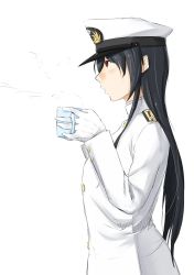 Rule 34 | 10s, 1girl, black hair, blowing, breasts, coffee mug, commentary request, cup, epaulettes, female admiral (kancolle), from side, gloves, hat, highres, holding, holding cup, jacket, kantai collection, large breasts, long hair, military, military hat, military uniform, mug, niwatazumi, peaked cap, profile, red eyes, shadow, sidelocks, sketch, solo, steam, tatebayashi sakurako, translation request, uniform, white background, white gloves, white jacket