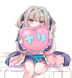 Rule 34 | 1girl, belt, blue belt, blue bow, blue nails, blue skirt, bow, fingernails, grey hair, hair bow, highres, holding, holding pillow, jacket, looking at viewer, makaino ririmu, makaino ririmu (4th costume), miniskirt, multicolored hair, nail polish, nijisanji, open clothes, open jacket, open mouth, pillow, pink eyes, pink jacket, pointy ears, sitting, skirt, solo, streaked hair, twintails, utsusumi kio, virtual youtuber, yes-no pillow