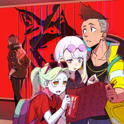 Rule 34 | 1boy, 3girls, backpack, bag, bare shoulders, black jacket, black pants, black shirt, blonde hair, blue hair, blue pants, brown eyes, brown hair, collarbone, colored sclera, colored skin, commentary, confused, cyberpunk (series), cyberpunk 2077, cyberpunk edgerunners, david martinez, english commentary, eyewear on head, green eyes, green hair, twirling hair, highres, holding, holding map, jacket, leotard, lucy (cyberpunk), map, mohawk, multicolored eyes, multicolored hair, multiple girls, neck tattoo, open mouth, pants, pink eyes, pink tattoo, pointing, purple-tinted eyewear, purple eyes, purple hair, purple lips, rebecca (cyberpunk), red hair, red pupils, red sclera, red shirt, round eyewear, samurai jacket (cyberpunk), sawasa, shirt, squinting, tattoo, teeth, tinted eyewear, upper teeth only, v (cyberpunk), white skin, yellow jacket