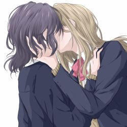 Rule 34 | 2girls, adachi sakura, adachi to shimamura, artist request, blonde hair, blue hair, couple, french kiss, hand on another&#039;s face, hand on another&#039;s shoulder, highres, kiss, long hair, multiple girls, school uniform, shimamura hougetsu, short hair, simple background, tagme, yuri