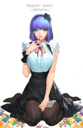 Rule 34 | 10s, 1girl, :q, absurdres, bare shoulders, black flower, black pantyhose, black rose, blue eyes, bow, bowtie, breasts, character name, copyright name, daeho cha, dagashi kashi, eyelashes, fingernails, flower, frilled sleeves, frills, hair flower, hair ornament, hairband, high-waist skirt, highres, large breasts, legs, licking lips, long fingernails, looking at viewer, meme attire, nail polish, no shoes, pantyhose, pink lips, purple hair, red bow, red nails, rose, shidare hotaru, shirt, short hair, signature, simple background, sitting, skirt, smile, snack, solo, suspender skirt, suspenders, thighs, tongue, tongue out, virgin killer outfit, wariza, white shirt, wrist cuffs