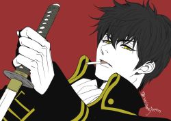 Rule 34 | 1boy, ascot, black hair, cigarette, flat color, formal, frown, gintama, higashiyama kazuko, hijikata toushirou, holding, holding sword, holding weapon, katana, looking at viewer, male focus, mouth hold, red background, short hair, solo, spot color, sword, uniform, weapon, yellow eyes