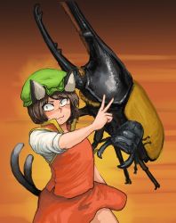 Rule 34 | 1girl, :3, absurdres, animal, animal ears, bob cut, brown hair, cat ears, cat tail, chanta (ayatakaoisii), chen, closed mouth, flat chest, green hat, hand up, hat, hercules beetle, highres, medium hair, multiple tails, nekomata, orange background, oversized animal, red skirt, red vest, shirt, short sleeves, skirt, slit pupils, solo, tail, touhou, two tails, v, vest, white shirt