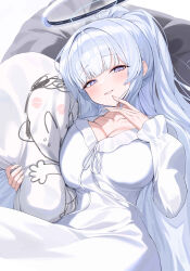 1girl absurdres alternate_costume alternate_hairstyle blue_archive blush breasts cleavage commentary_request dakimakura_(object) doodle_sensei_(blue_archive) dress hair_intakes halo highres large_breasts lipstick_mark long_hair looking_at_viewer mechanical_halo noa_(blue_archive) pillow ponytail purple_eyes sensei_(blue_archive) sgholln smile solo very_long_hair white_dress white_hair white_halo