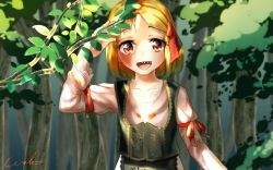 Rule 34 | 1girl, apron, arm ribbon, blonde hair, bow, branch, collarbone, commentary request, forest, frilled apron, frills, hair bow, hair ribbon, hand up, leaf, long sleeves, nature, open mouth, red bow, red eyes, red ribbon, ribbon, rumia, sharp teeth, shirt, short hair, signature, slavic clothes, smile, solo, teeth, touhou, traditional clothes, tree, upper body, vest, welt (kinsei koutenkyoku), white shirt