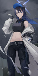 Rule 34 | 1girl, absurdres, bare shoulders, belt, black gloves, blue archive, blue eyes, blue hair, breasts, coat, gloves, halo, hand in pocket, hat, highres, knife, long hair, looking at viewer, midriff, navel, off shoulder, saori (blue archive), sheath, sheathed, solo, suna6080